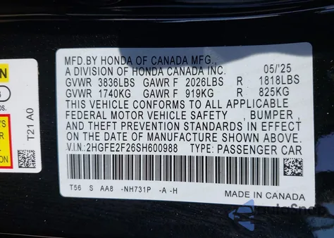 2025 Honda Civic Lx z USA, uszkodzony, nr VIN 2HGFE2F26SH600988